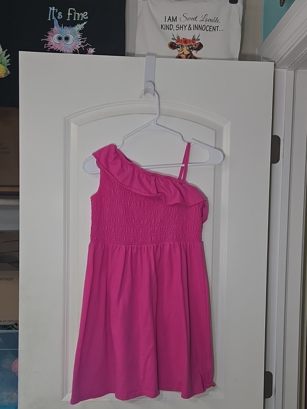 🎄The Children's Place Girls One-Shoulder Ruffle Dress - Bright Pink 14. Euc